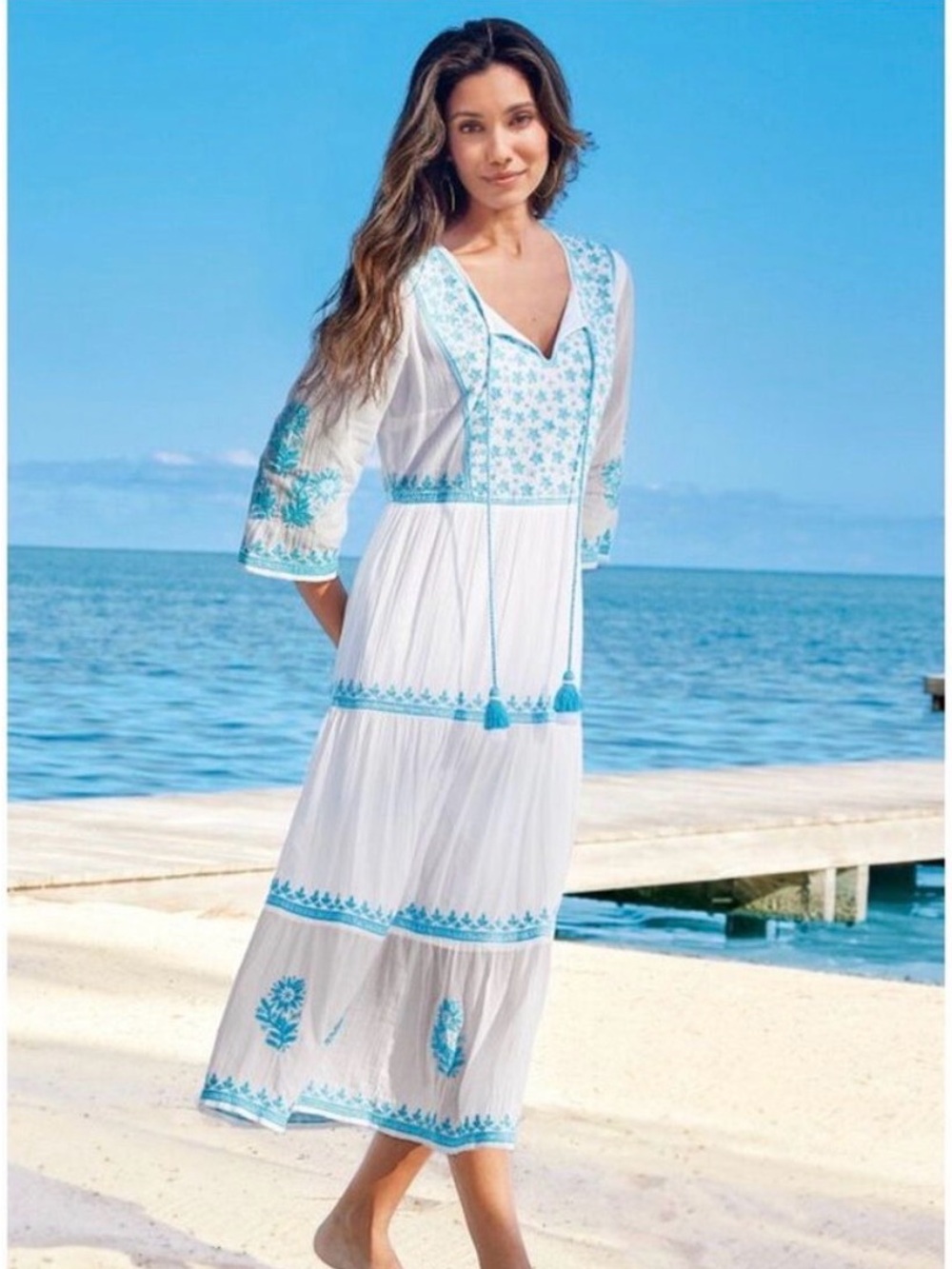Soft Surroundings NWT White Maxi Dress with Turquoise Embroidery